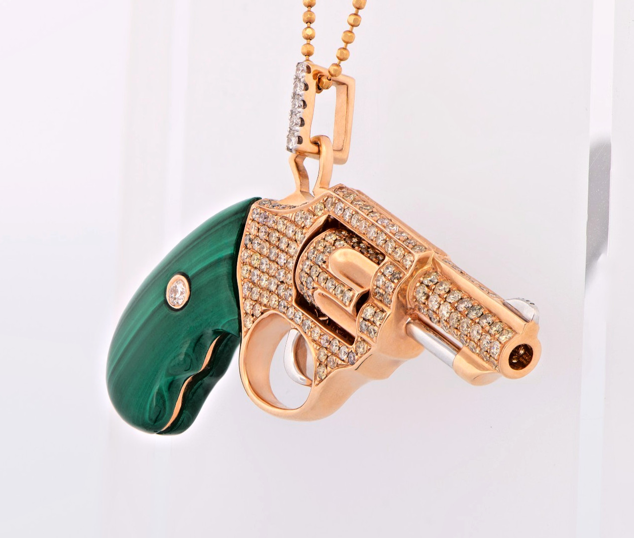 18K Yellow Gold 2.76 CTW Fancy Diamond Revolver Pendant Malachite 20.1g