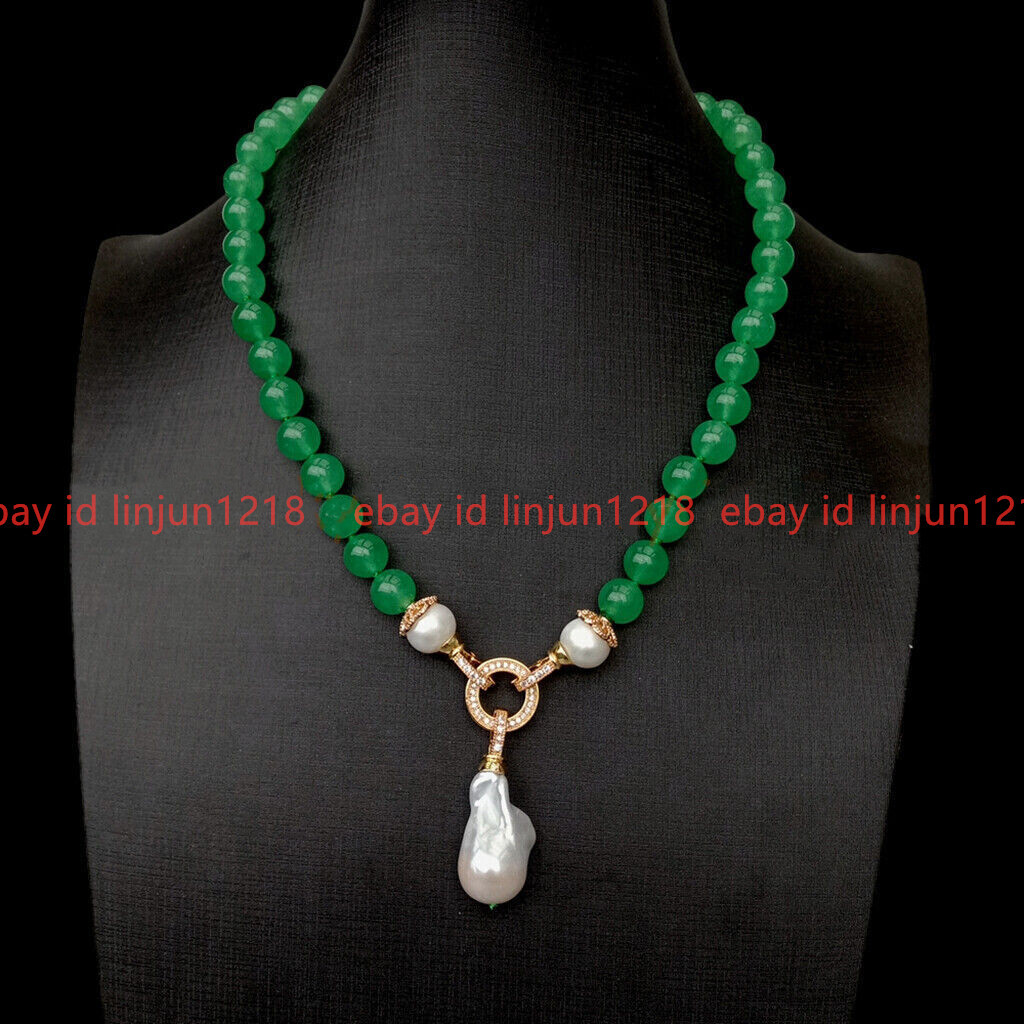 Natural Green Jade Round Gems Beads White Keshi Baroque Pearl Pendant Necklace