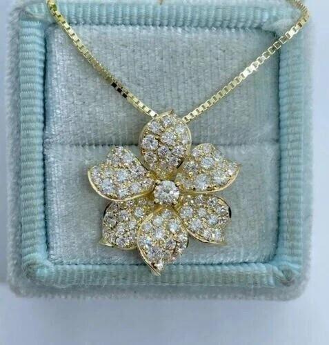 2Ct Round Cut Lab Created Diamond Flower Pendant 14K Yellow Gold Finish