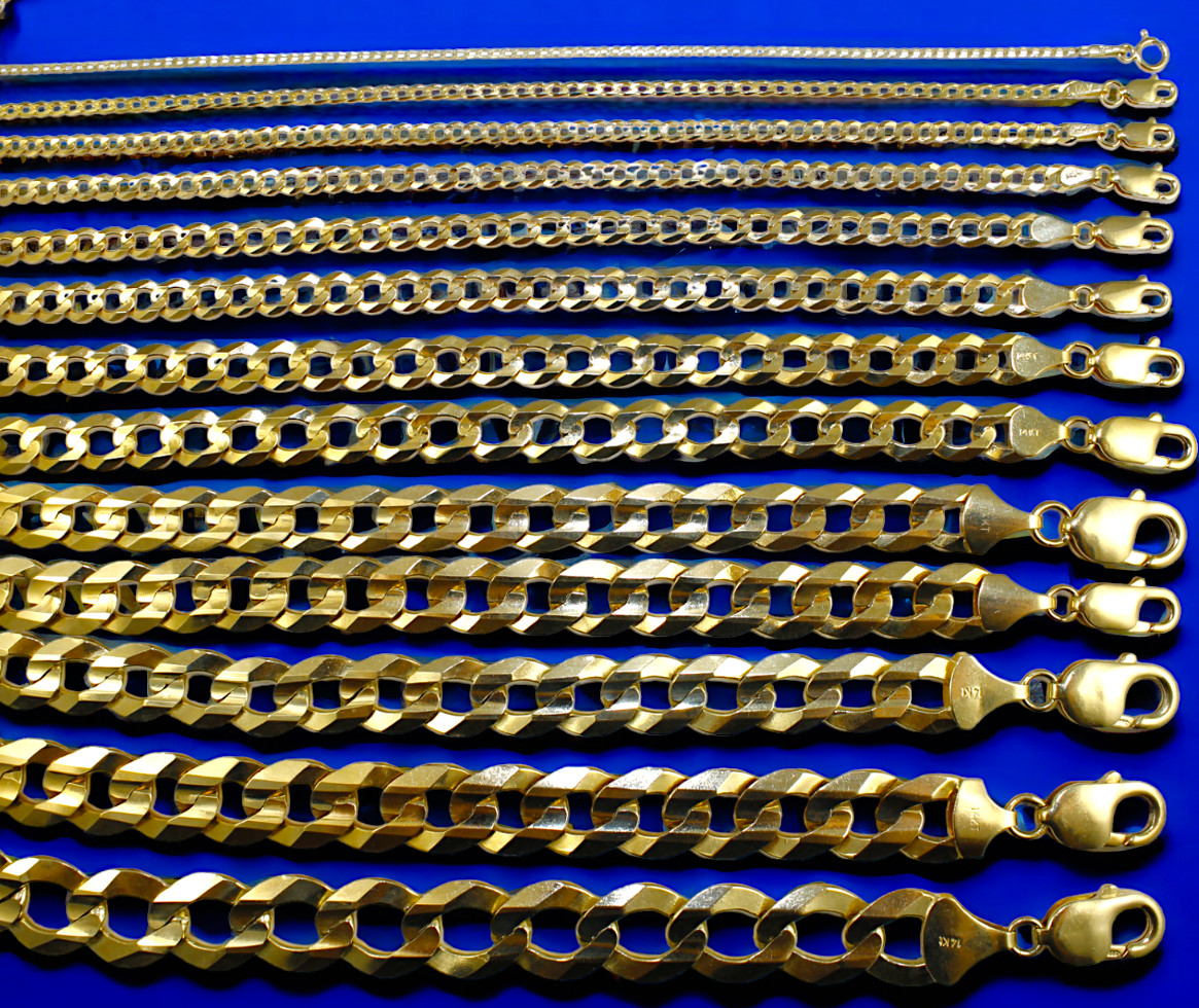 14K Yellow Gold 1.5mm-14mm Solid Curb Cuban Chain Necklace Link All Sizes