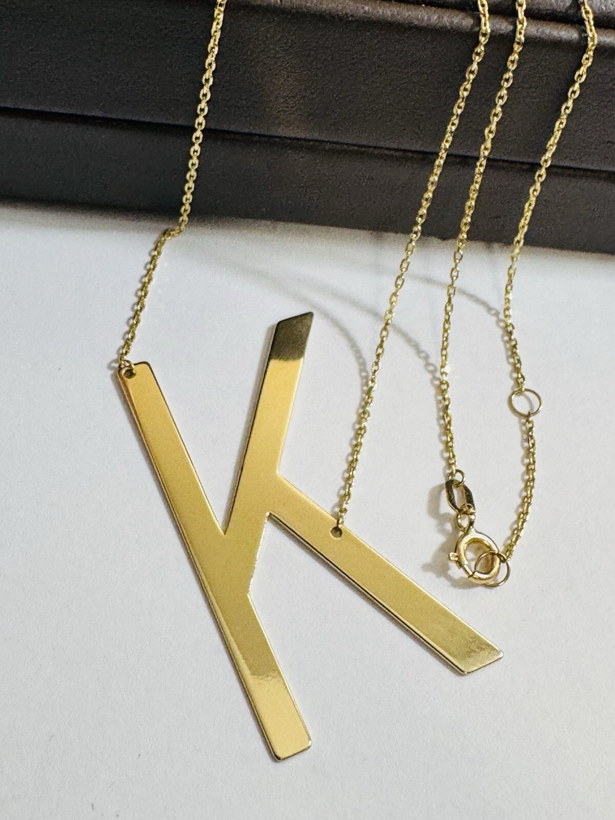18K 750 18C Gold Letter K initial Necklace 16.5/17.5” Long 1mm 4.1g