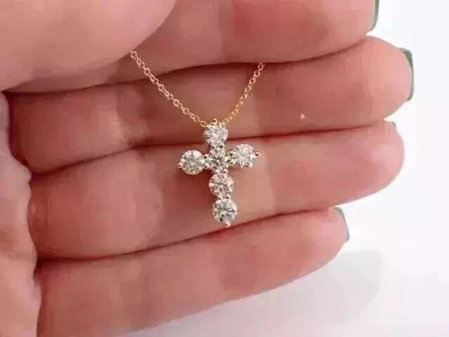 1Ct Round Cut Lab-Created Diamond Cross Chain Pendant 14K Yellow Gold Plated