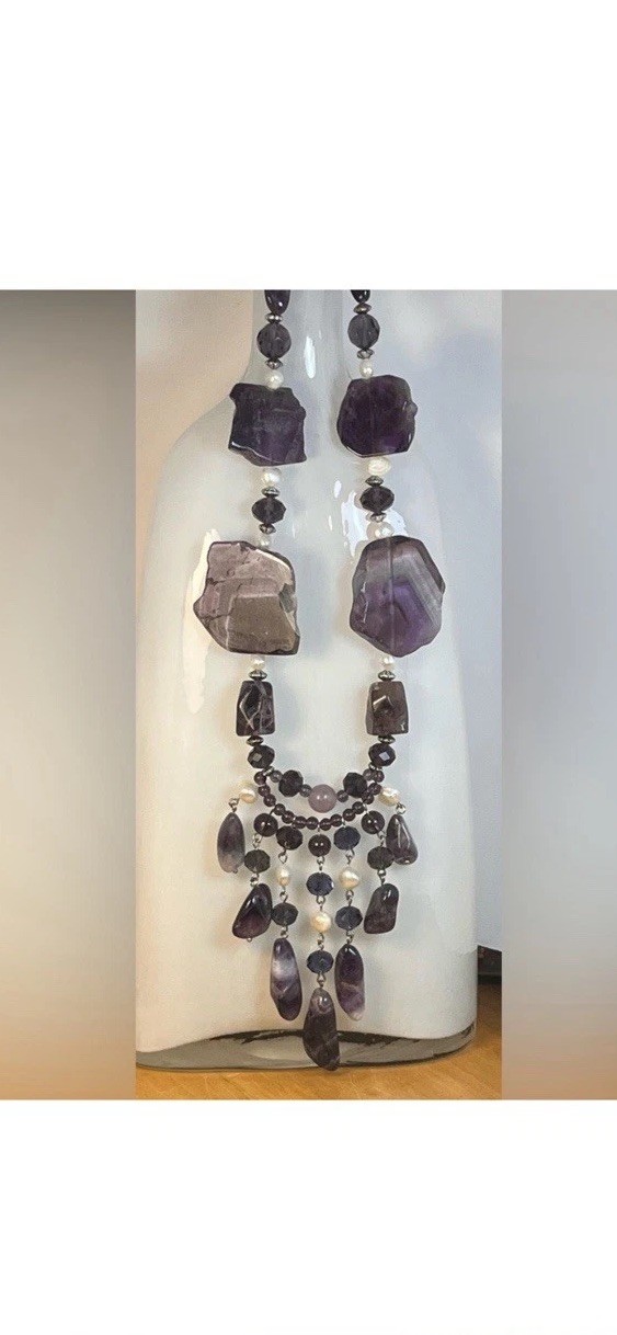 Huge Natural Amethyst And White Cultured Pearl Silver Toned Necklace