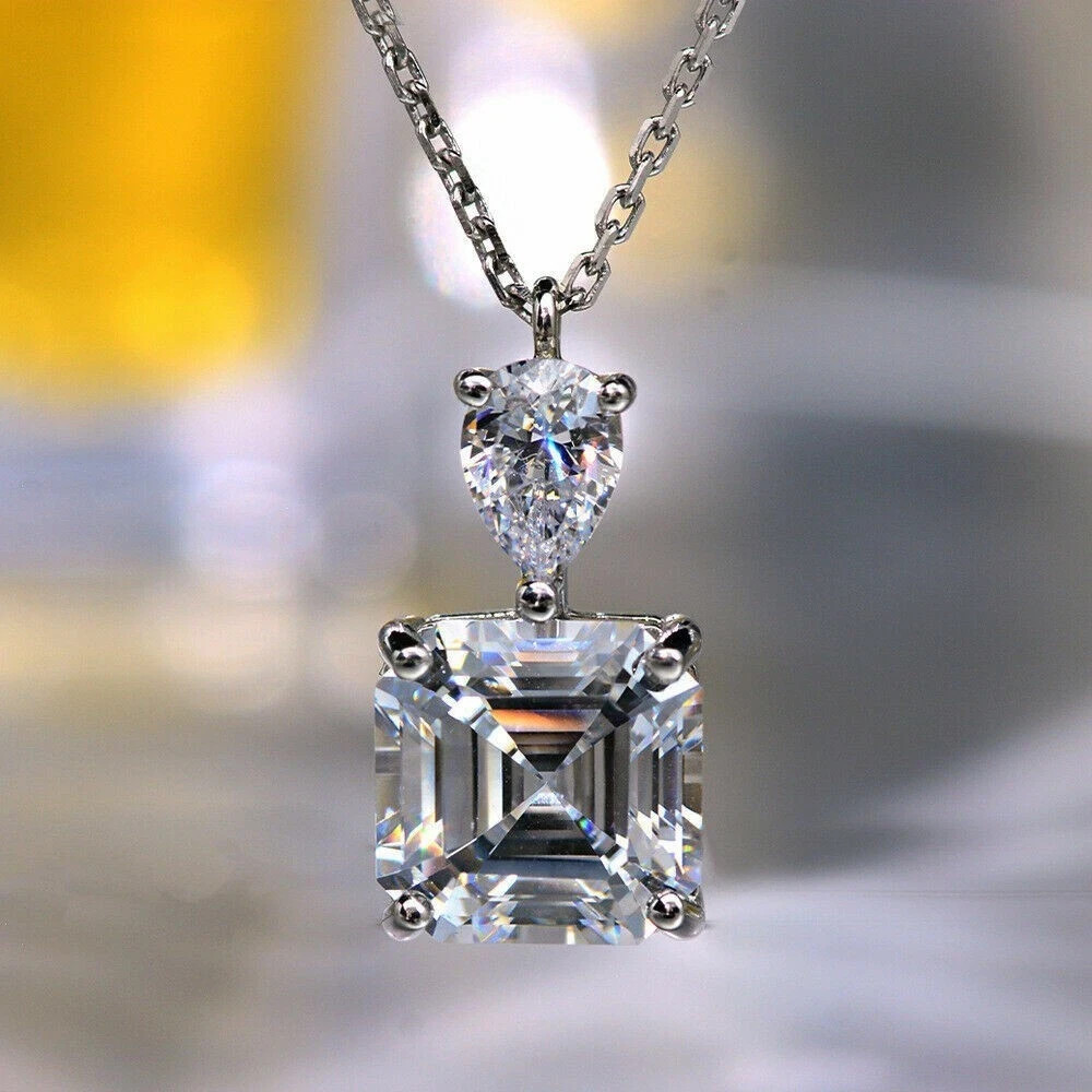 3Ct Lab Created Diamond Asscher Solitaire Pendant 14K White Gold Silver Plated