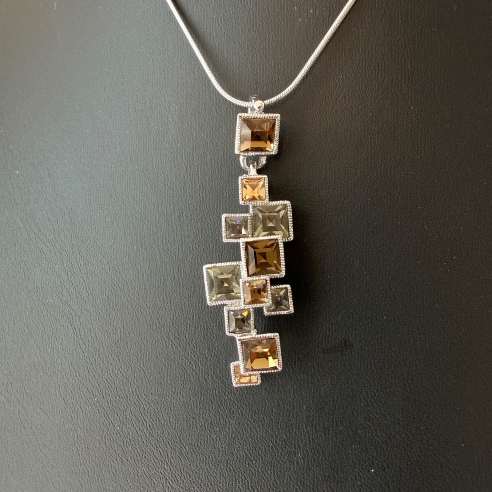 Sterling Silver Snake Chain Necklace Geometric Pendant Square Gemstones Chain