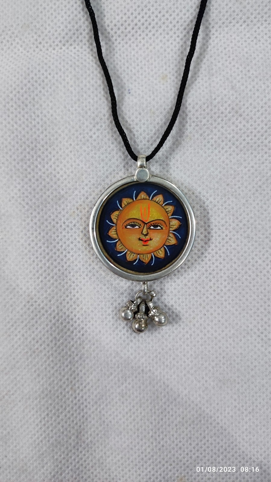 Handmad Art Painting Glass Framed 92.5 Silver Dangles Pendant Deity Sun Necklace