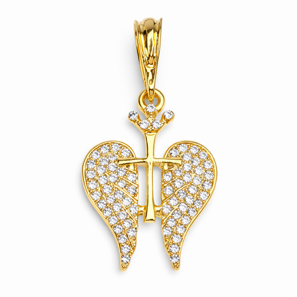 Italian 1/200 14k Yellow Gold Angel Wing Cross CZ Pendant Necklace Catholic