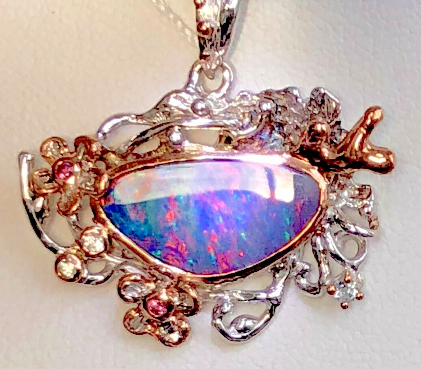 East to West Natural Vibrant Blue gold Pink rose Opal wreath of flowers Pendant