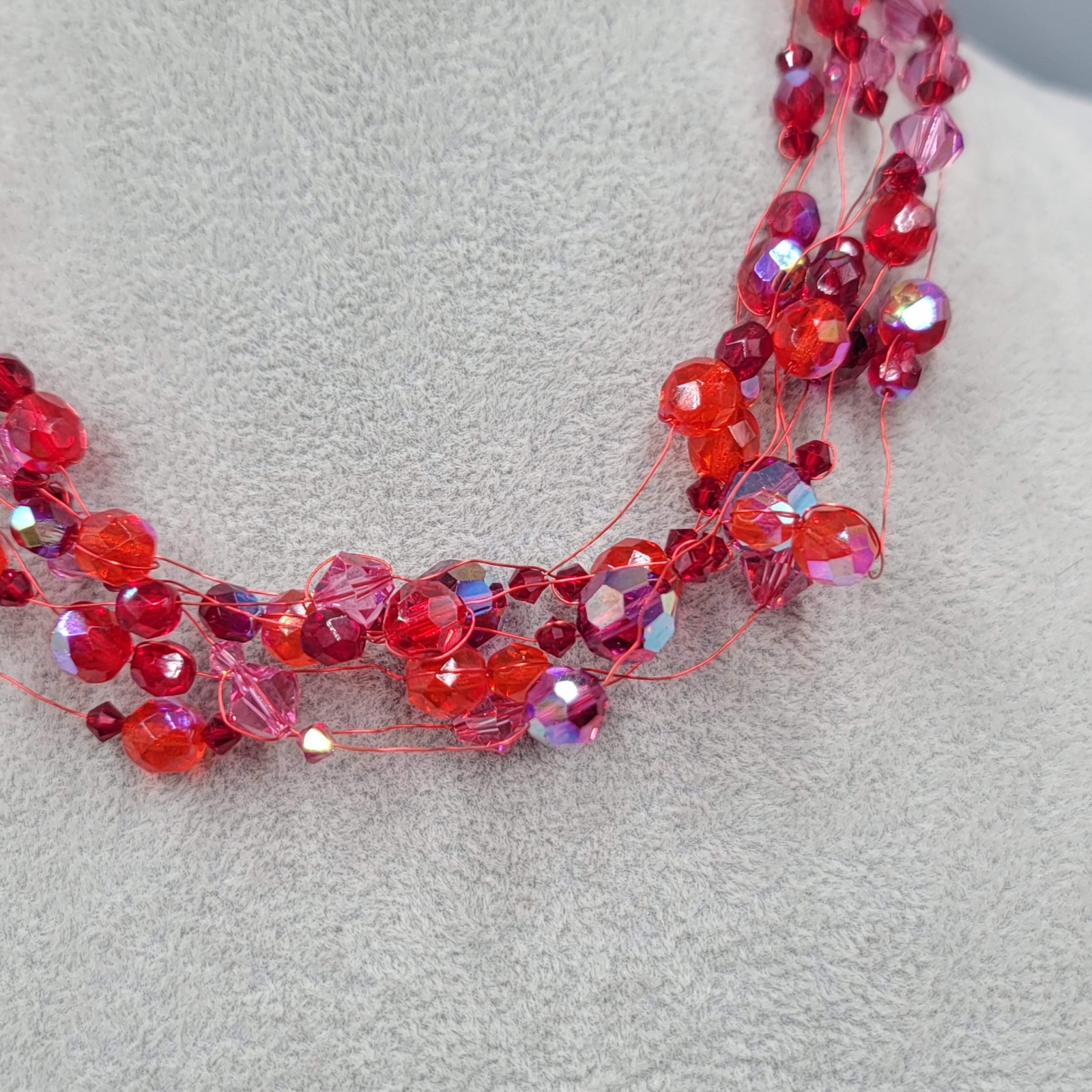 Sterling Silver Necklace 925 Red Glass Bead Layered Wire Multistrand 18″ adj