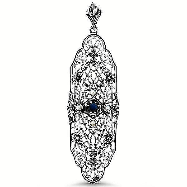 GENUINE SAPPHIRE & PEARL 925 STERLING SILVER DECO ANTIQUE STYLE PENDANT #421