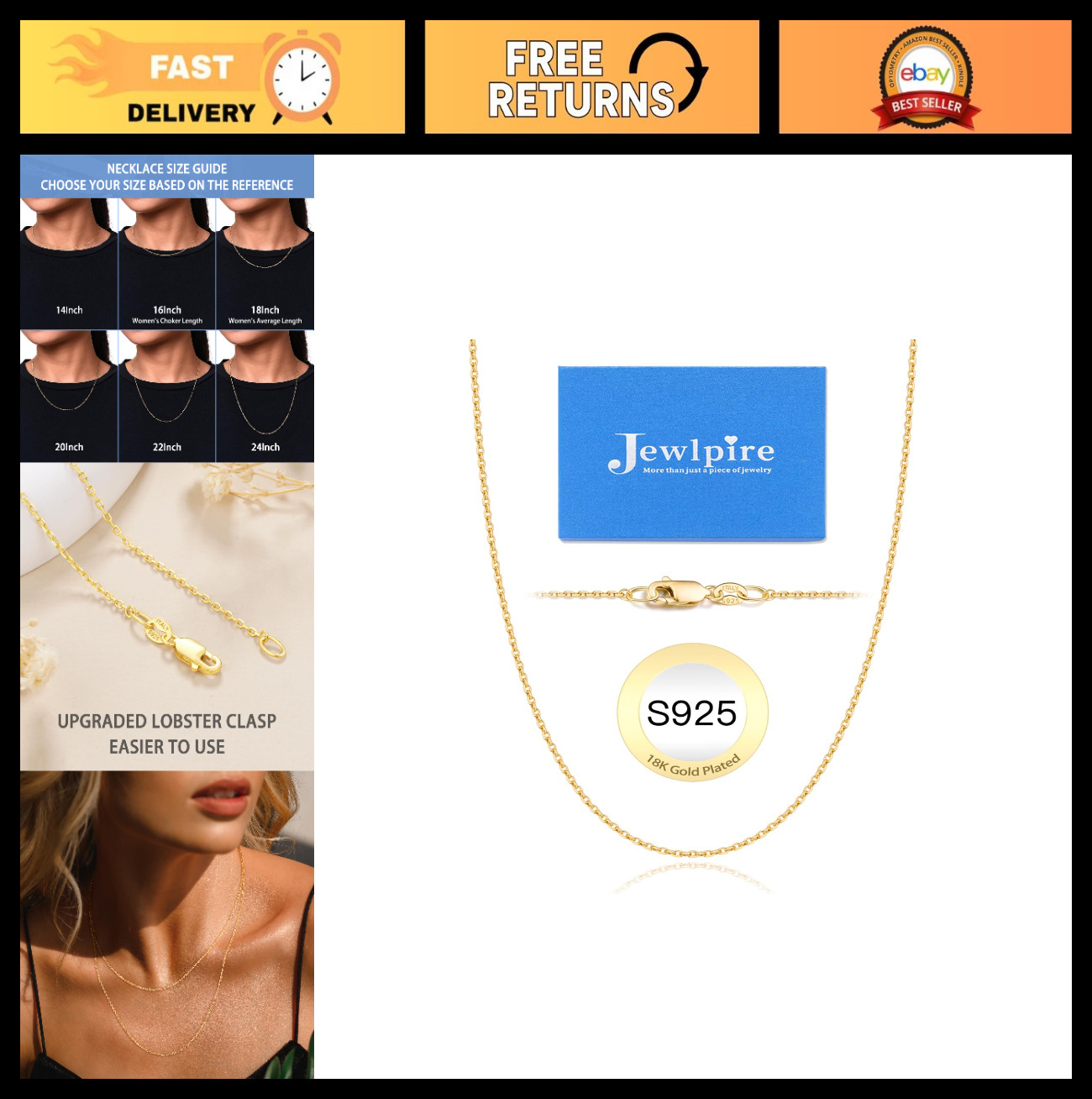 18k Gold Plated 925 Sterling Silver Dainty Chain Necklace for Women, 1.3mm Thin