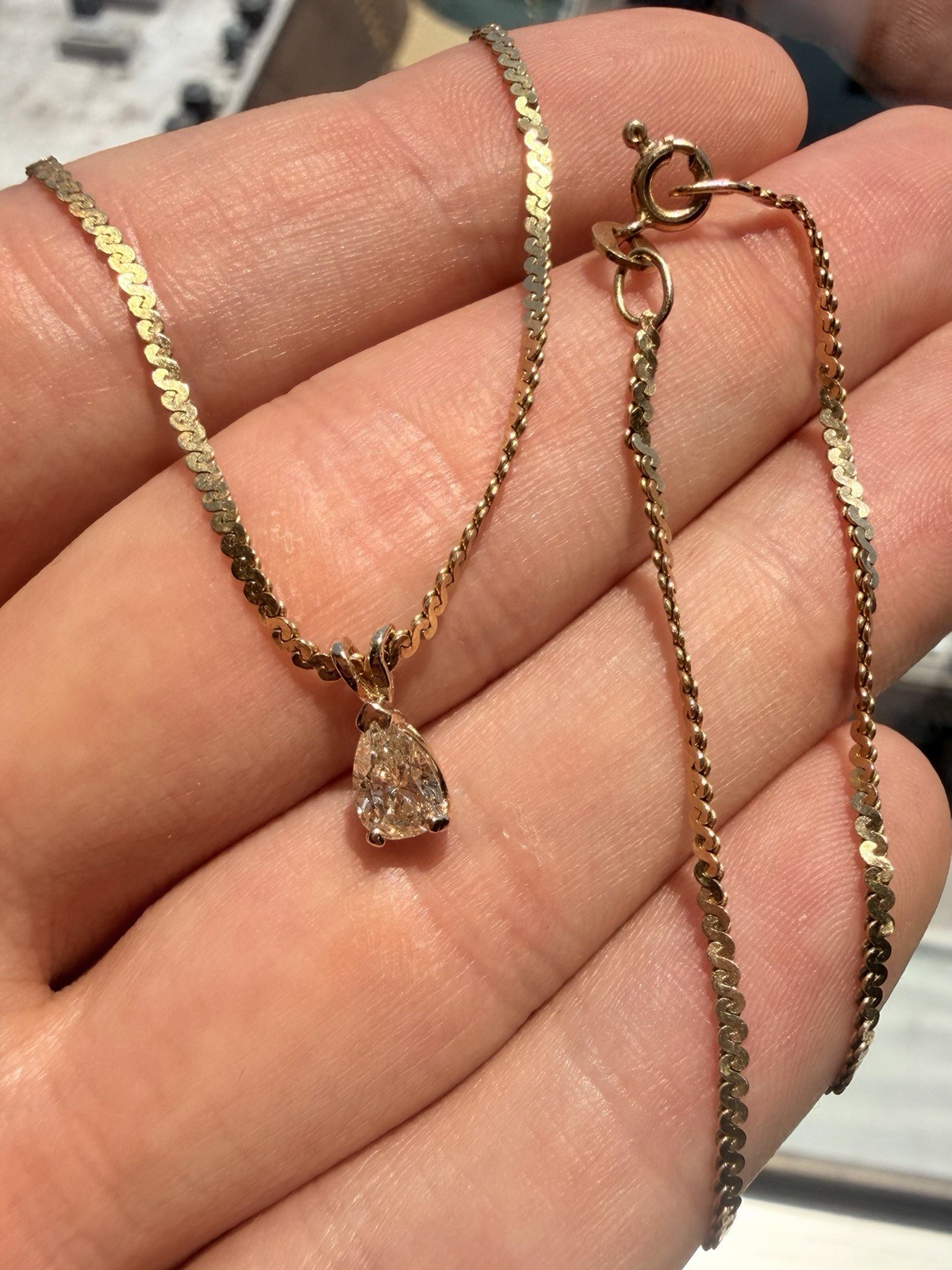 14k Yellow Gold .50ct Natural Pear Shape Diamond Serpentine Necklace 18” Chain