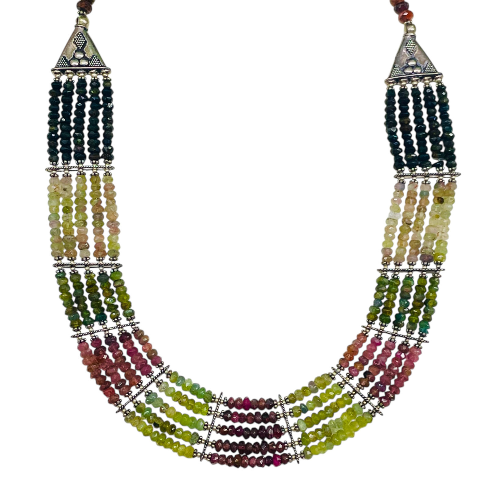5 Strand Natural Multi Tourmaline Necklace 4-5mm Facetted Beads 925 Silver Clasp