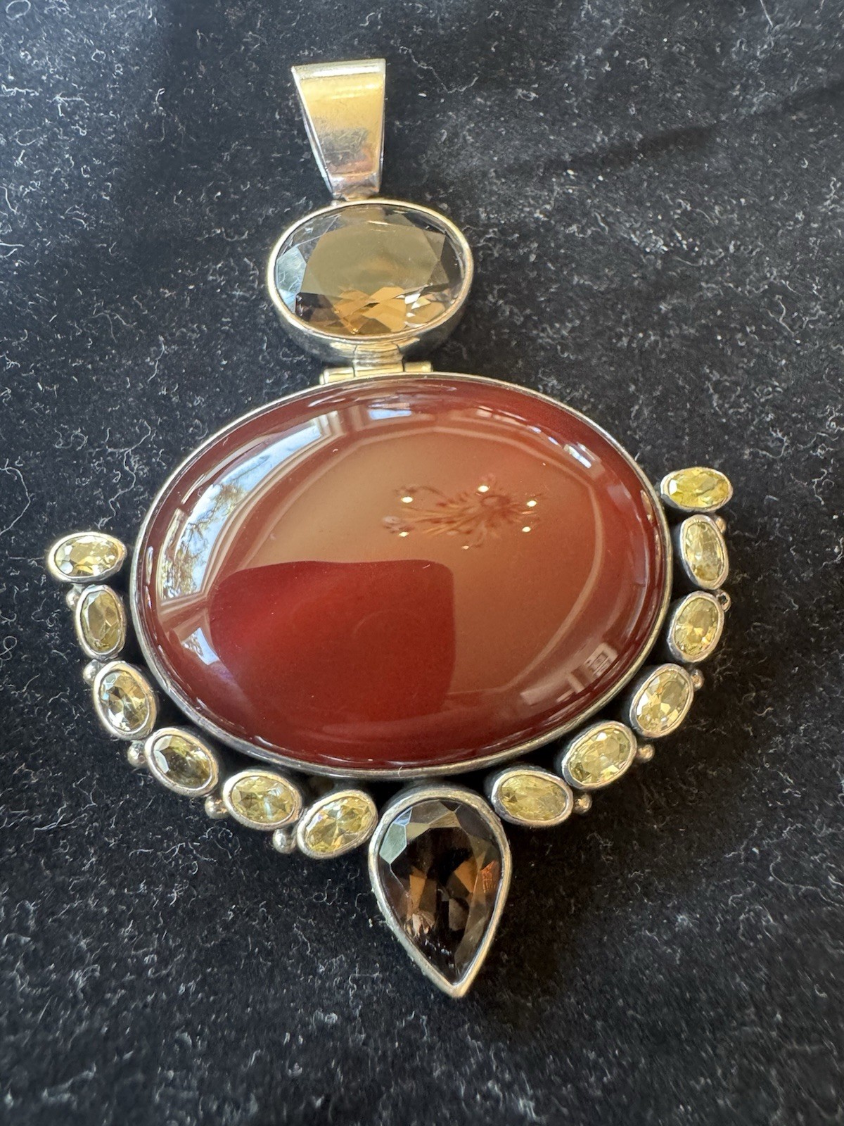 Cabochon And Smokey Topaz Pendant With Yellow Semi Precious Stones Set In Silver