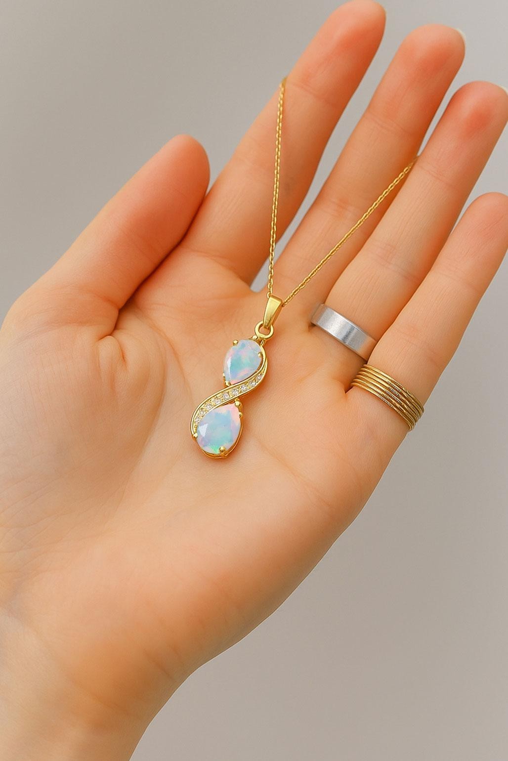 Multifire White Opal Gemstone Charm Gold Pendant, Ethiopian Opal Chain Pendant