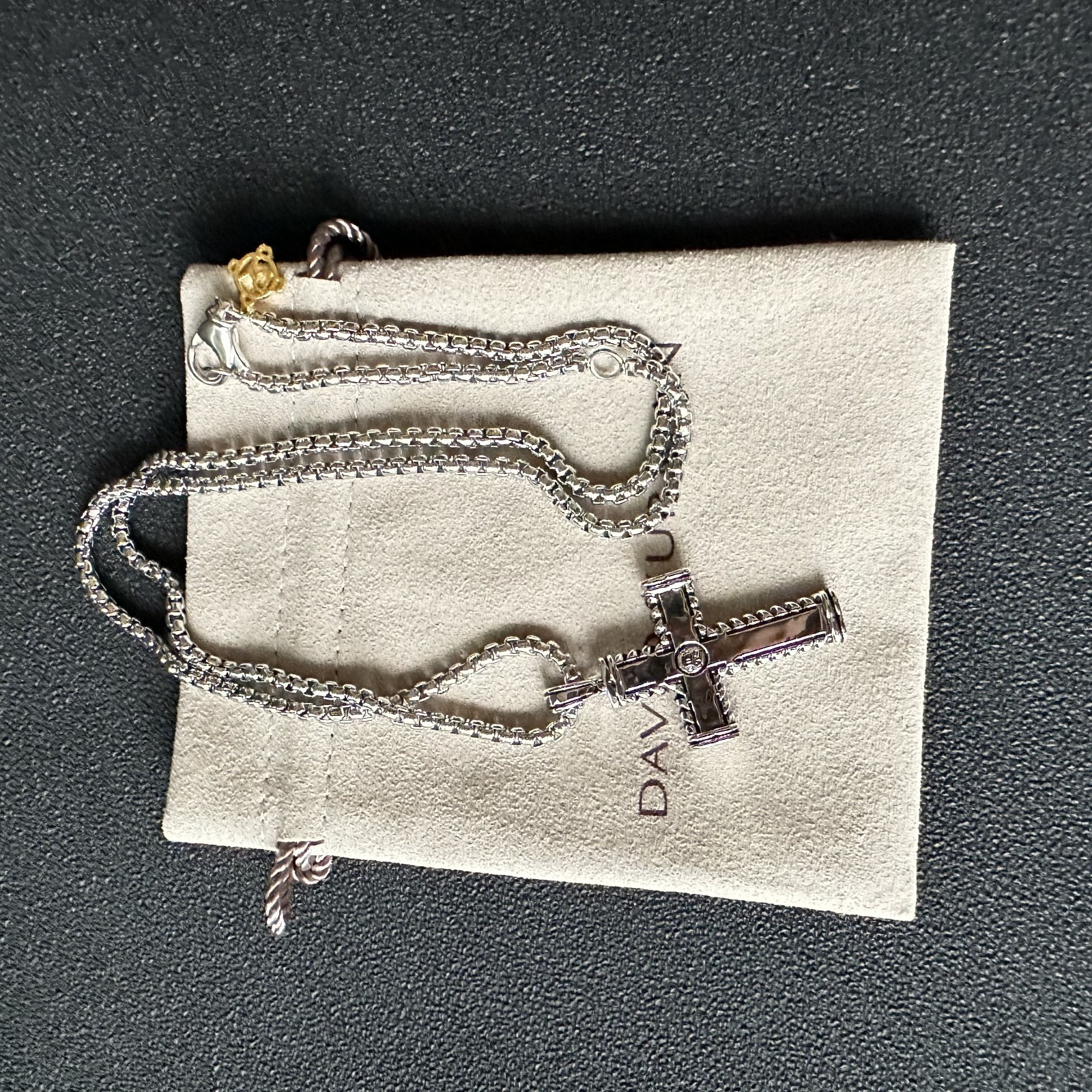 David Yurman Diamond Cable Cross Pendant Silver Classic Box Chain Necklace 55cm