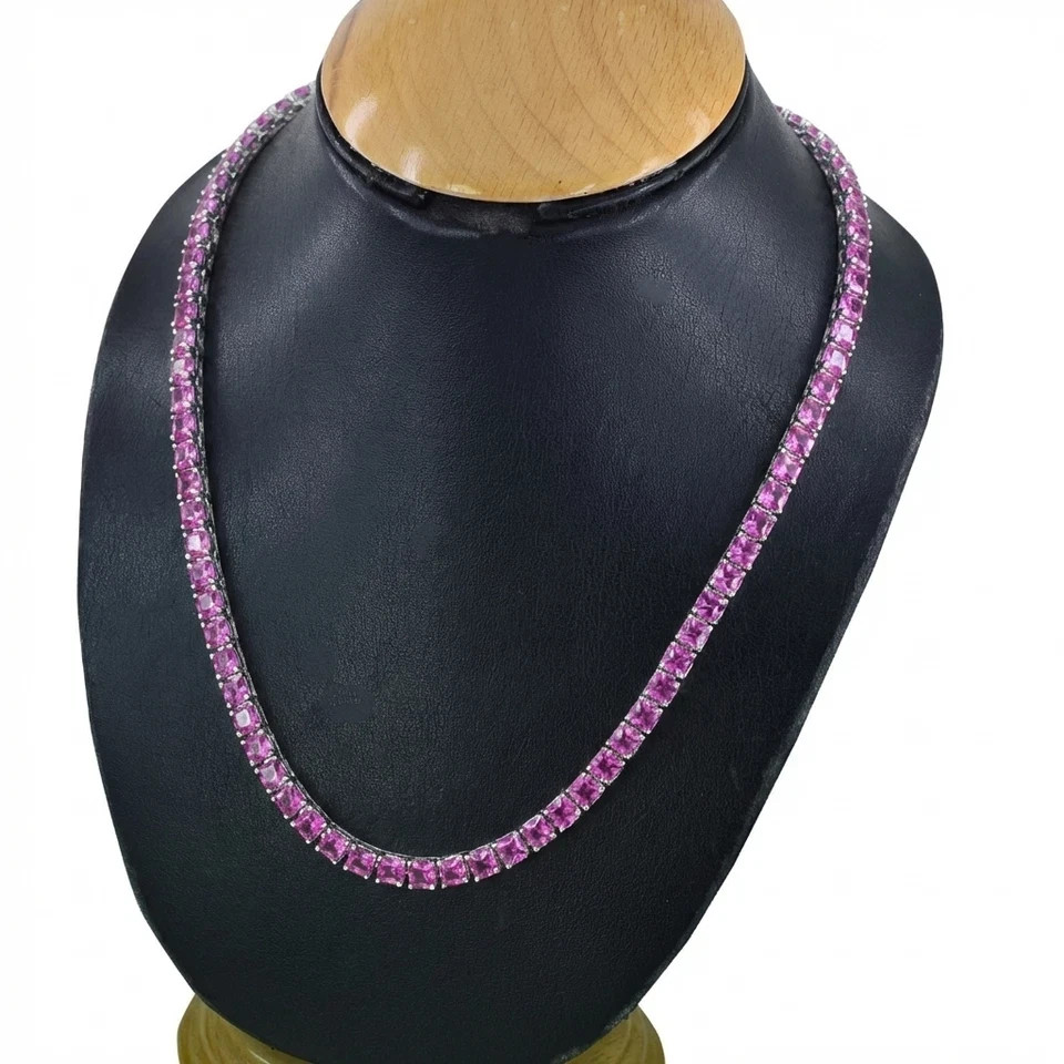 3MM Round Cut Lab Created Pink Ruby Tennis Necklace 14k White Gold Plated