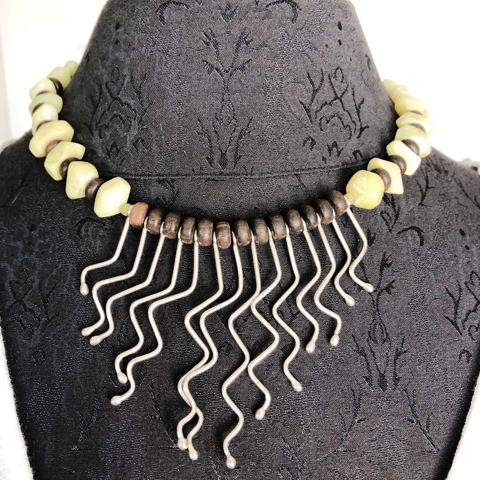 Vintage Tribal Jade Wood Wavy Sterling Silver Asymmetrical Dangles Necklace 18″