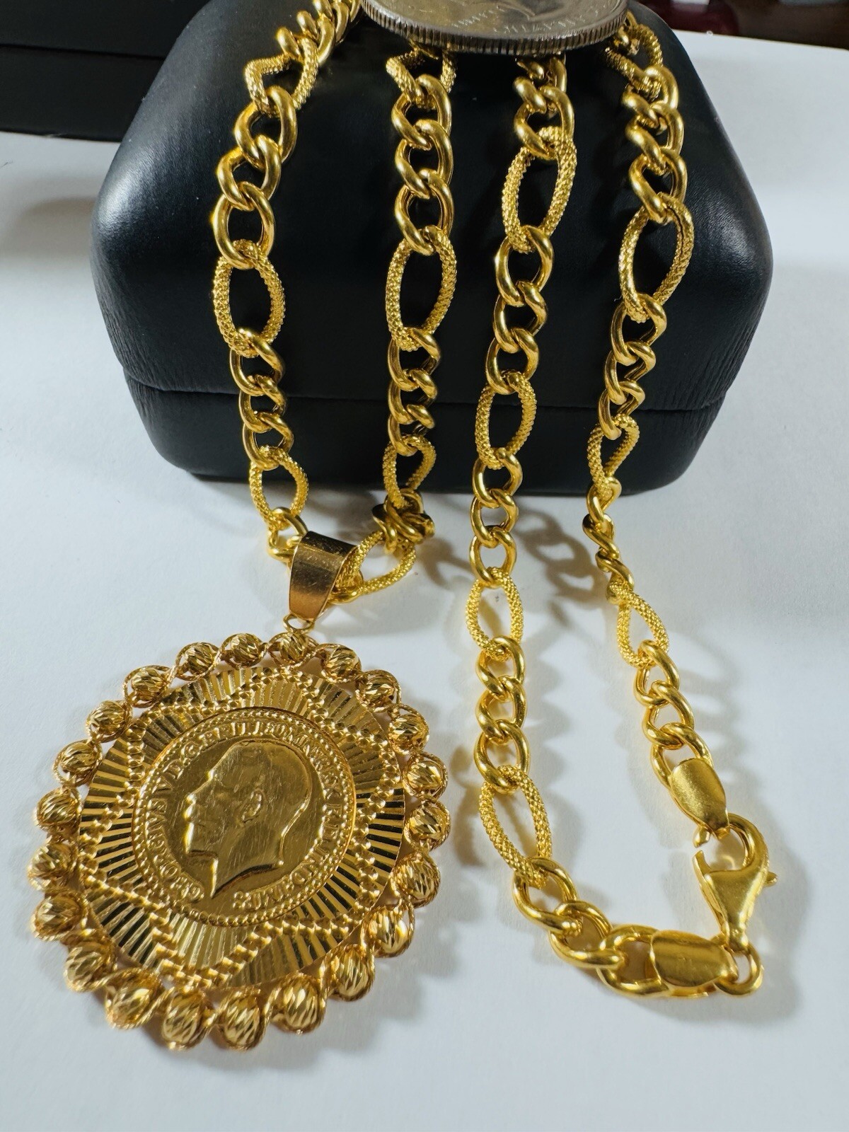 Solid 22K 916 Fine Yellow Dubai Real Gold 18” Long Coin Set Necklace 5.5mm 18.3g