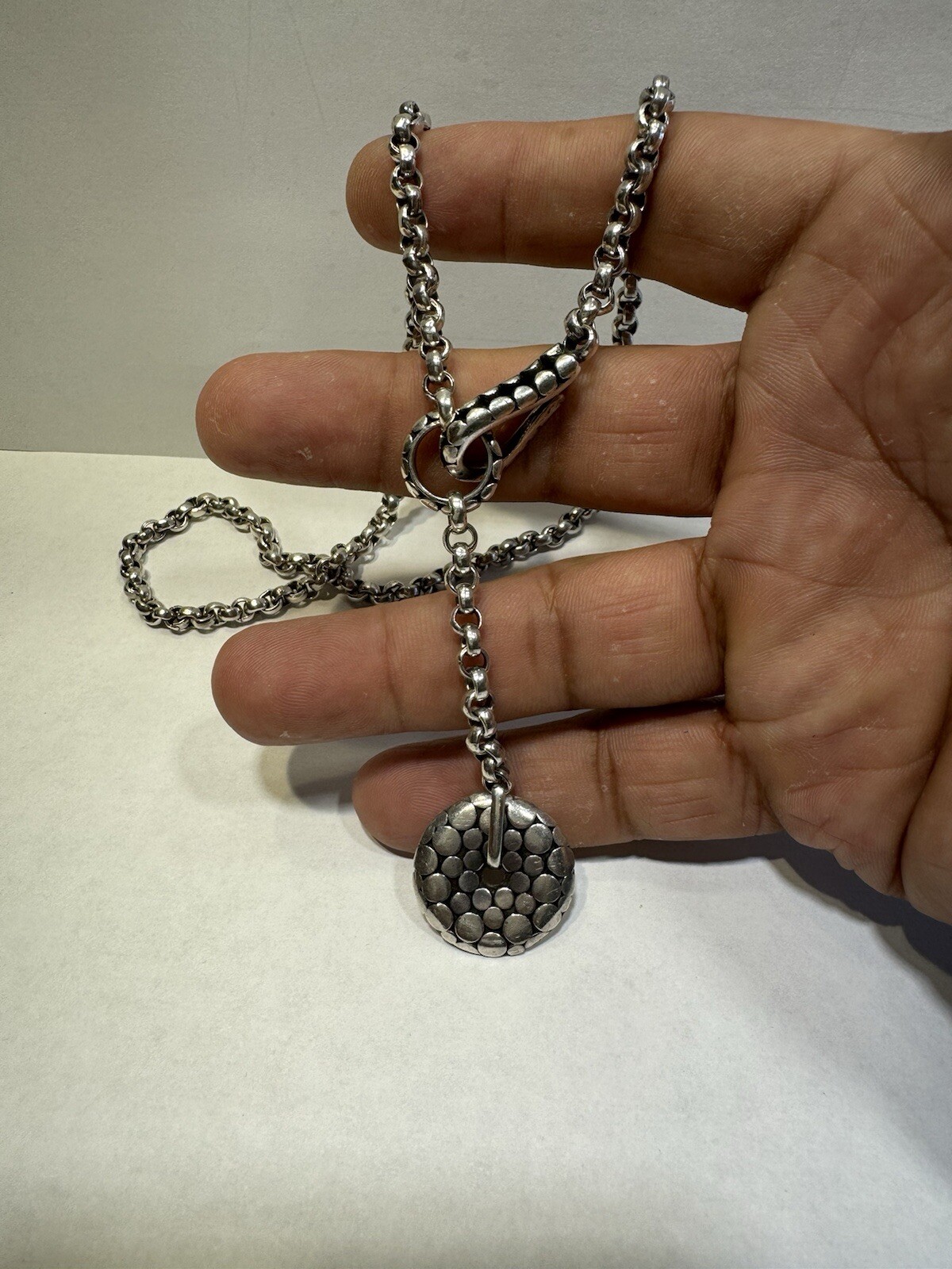 Vintage 925 Sterling Silver Rolo lariat drop necklace suspended dot disk pendant