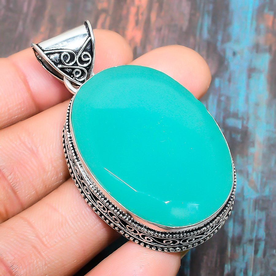 Aqua Chalcedony Gemstone Handmade Gift Jewelry Pendant 2.17″ k527