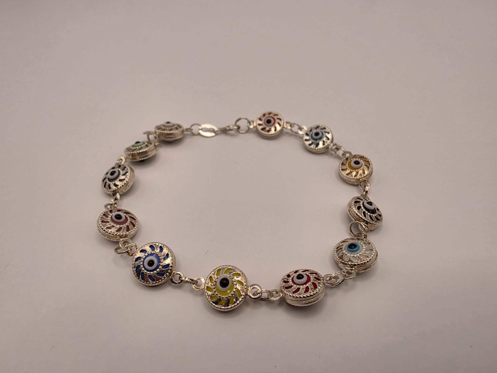 925 Sterling Silver Multicolor Evil Eye Coin Bracelet | 7.5″ | 4.5mm | Colorful