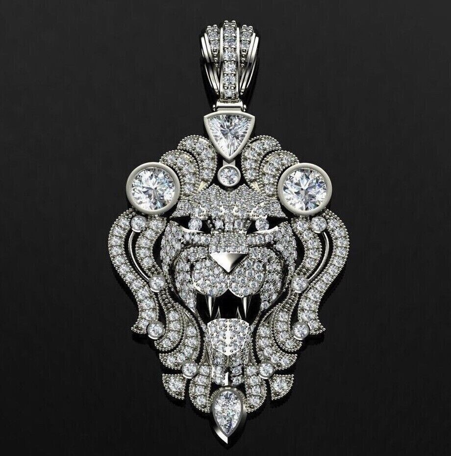 2.50Ct Round Diamond Lion Head Pendant 14K White Gold Plated Silver