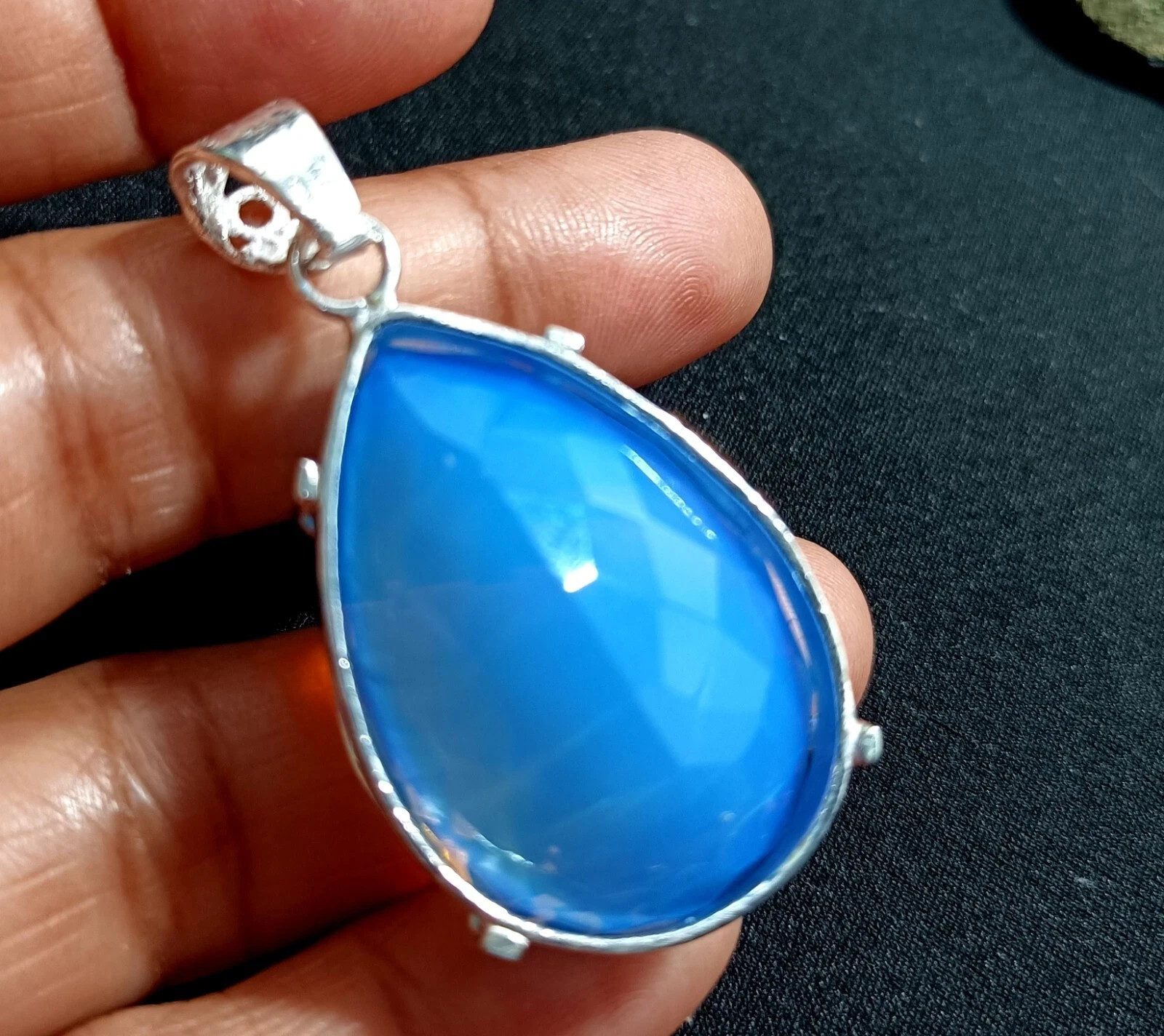 Natural Blue Opal 106 Ct Pear Cut 925 Sterling Silver Fine Jewelry Pendant