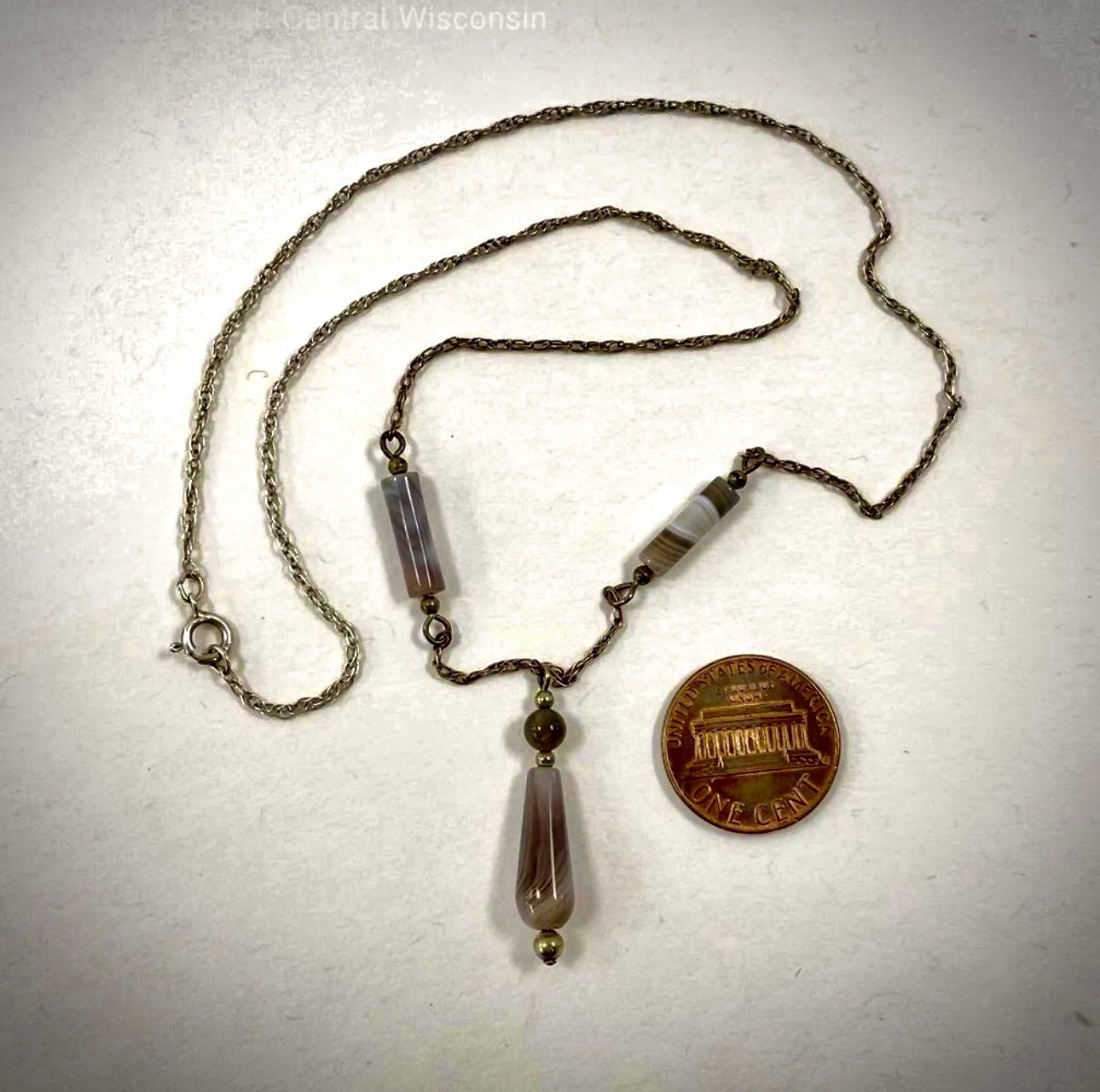 Sterling Silver 925 Muted Earth-tone Y Drop Agate Layered Stones / 18” Necklace