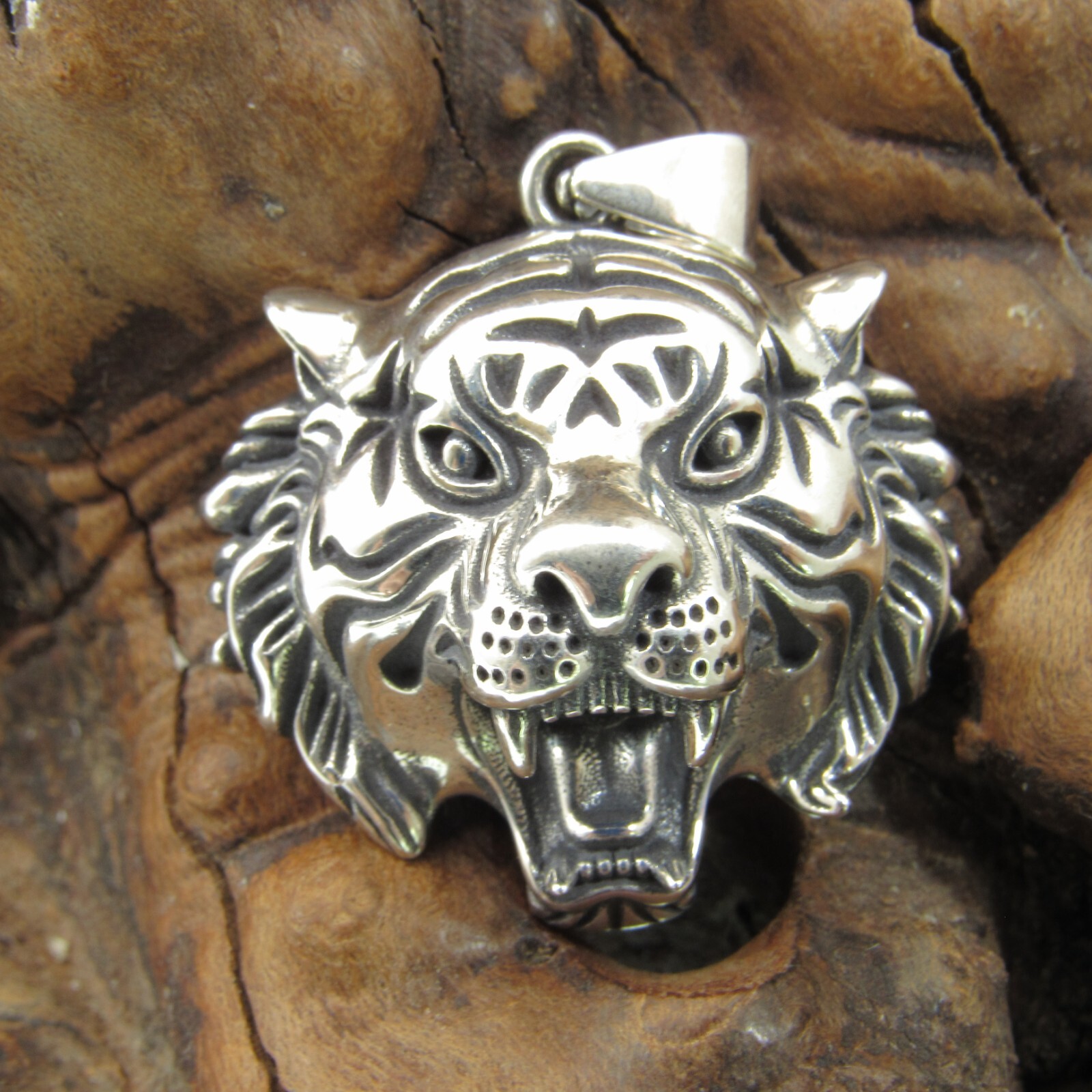 Solid 925 Sterling Silver Tiger Head Face Pendant, Spirit Animal Totem Jewelry