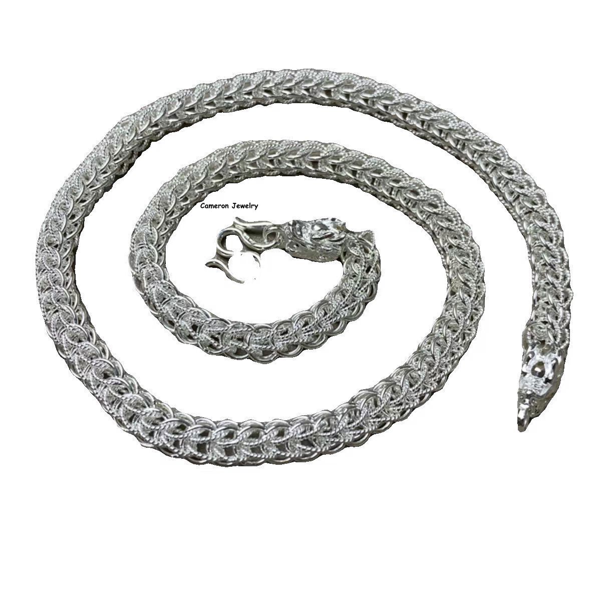 Pure 999 Fine Silver Chain Double Dragon 10mm Wheat Link Necklace 70-71g 23.6in