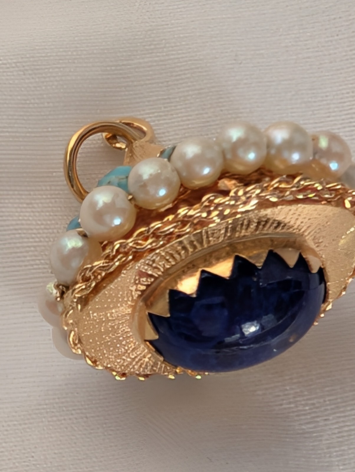 18K Gold ~ETRUSCAN STYLE LAPIS PEARL TURQUOISE~ Fob Charm Pendant