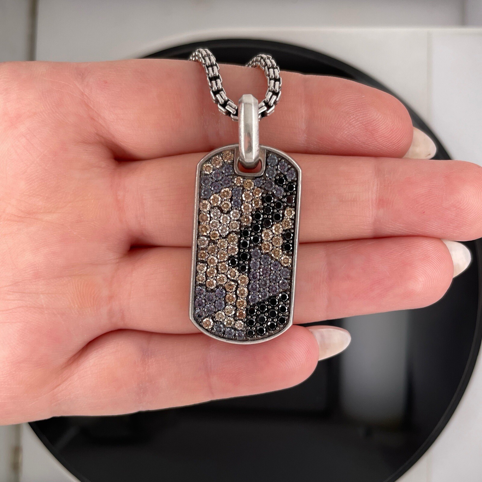 David Yurman Silver Diamonds & Garnets Chevron Tag Pendant Necklace $5000 Retail