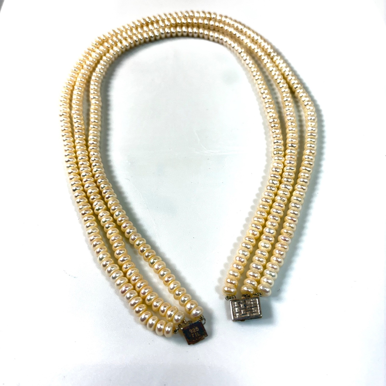 Vintage 925 Sterling Silver Multi Strand Genuine Pearl Necklace With Box Clasp