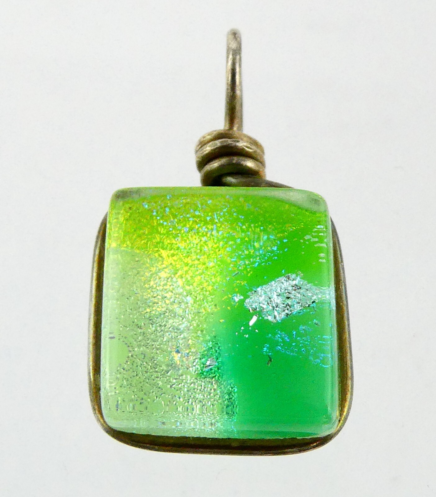 Unmarked Sterling Silver Green Dichroic Glass Wire Wrapped Pendant 8.8g 1 3/8 In