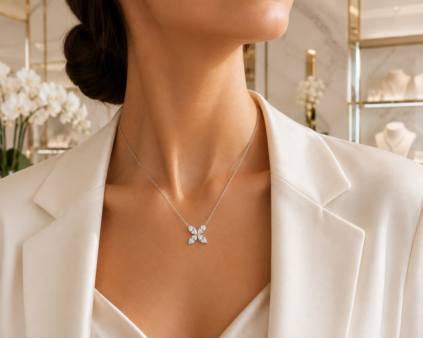 1.34 CT Marquise Lab Grown Diamond Flower Pendant Necklace 14K White Gold