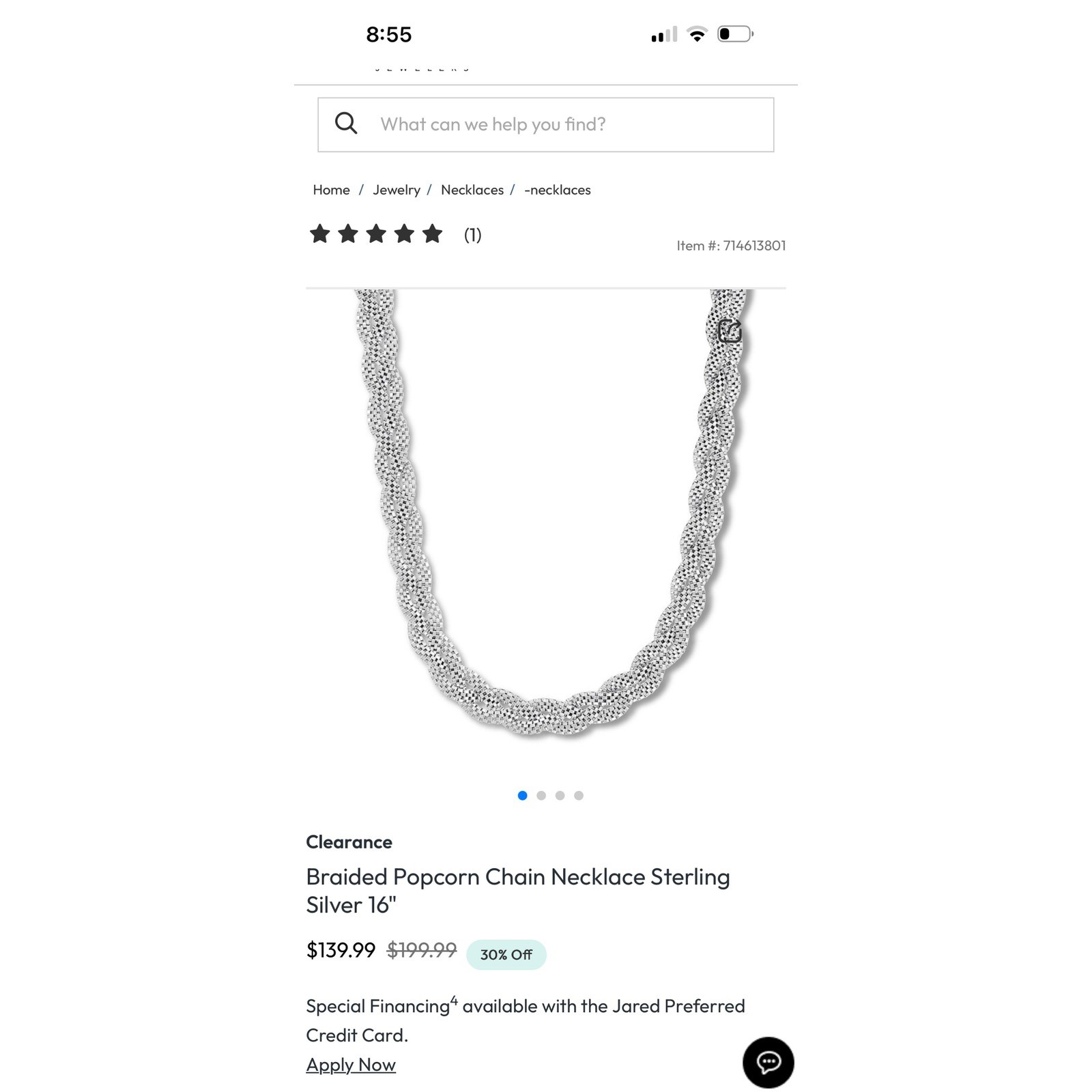 Jared Braided Popcorn Chain Necklace 925 Sterling Silver 16 Inch Woven Mesh