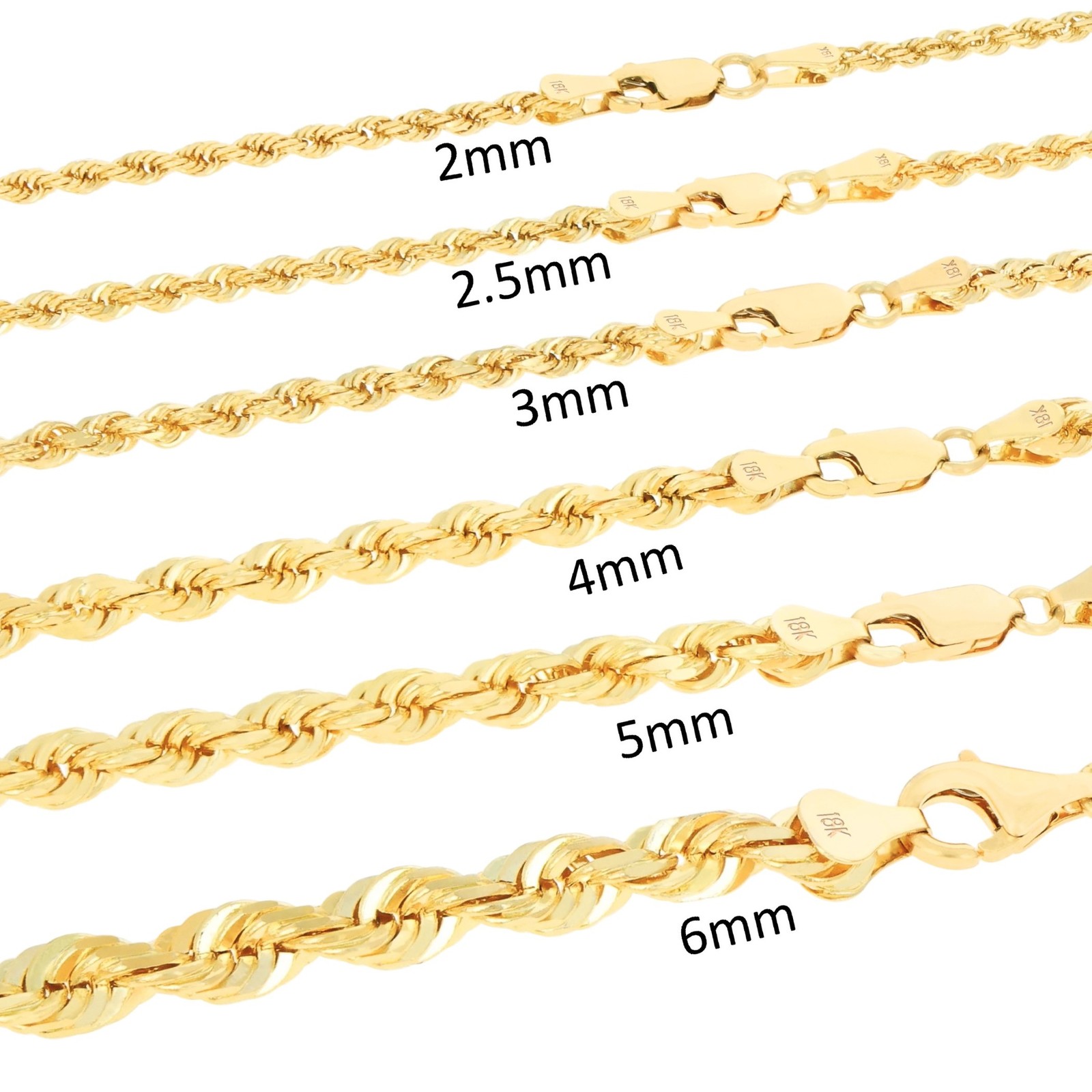 18K Yellow Gold Solid 2mm-6mm Rope Diamond Cut Chain Italian Necklace 16″- 30″