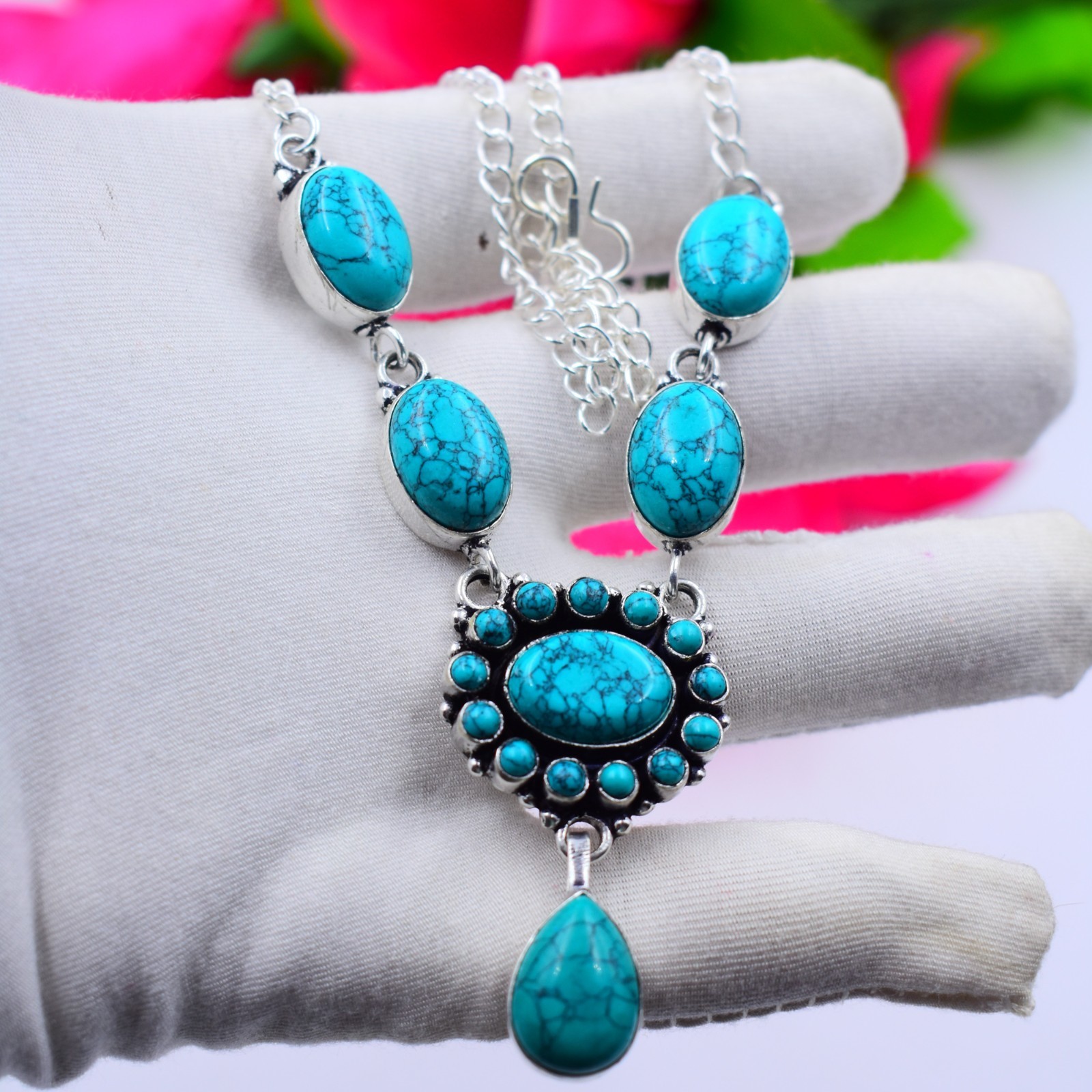 Blue Turquoise Gemstone Handmade 925 Sterling Silver Jewelry Necklace Sz-17-18″