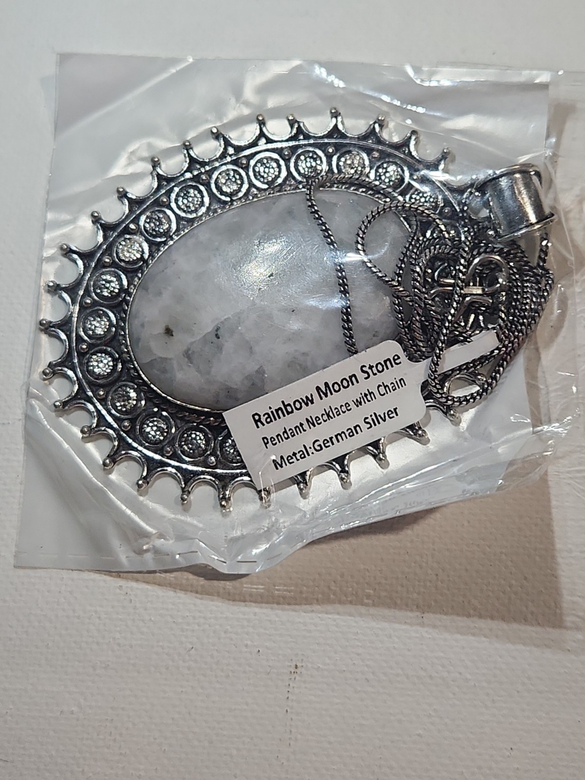 3 Inch German Silver Pendant With A Rainbow Moonstone And Chain (New)