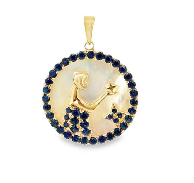 Virgo Zodiac Charm Pendant, Blue Sapphire, Mother of Pearl, 925 Sterling Silver