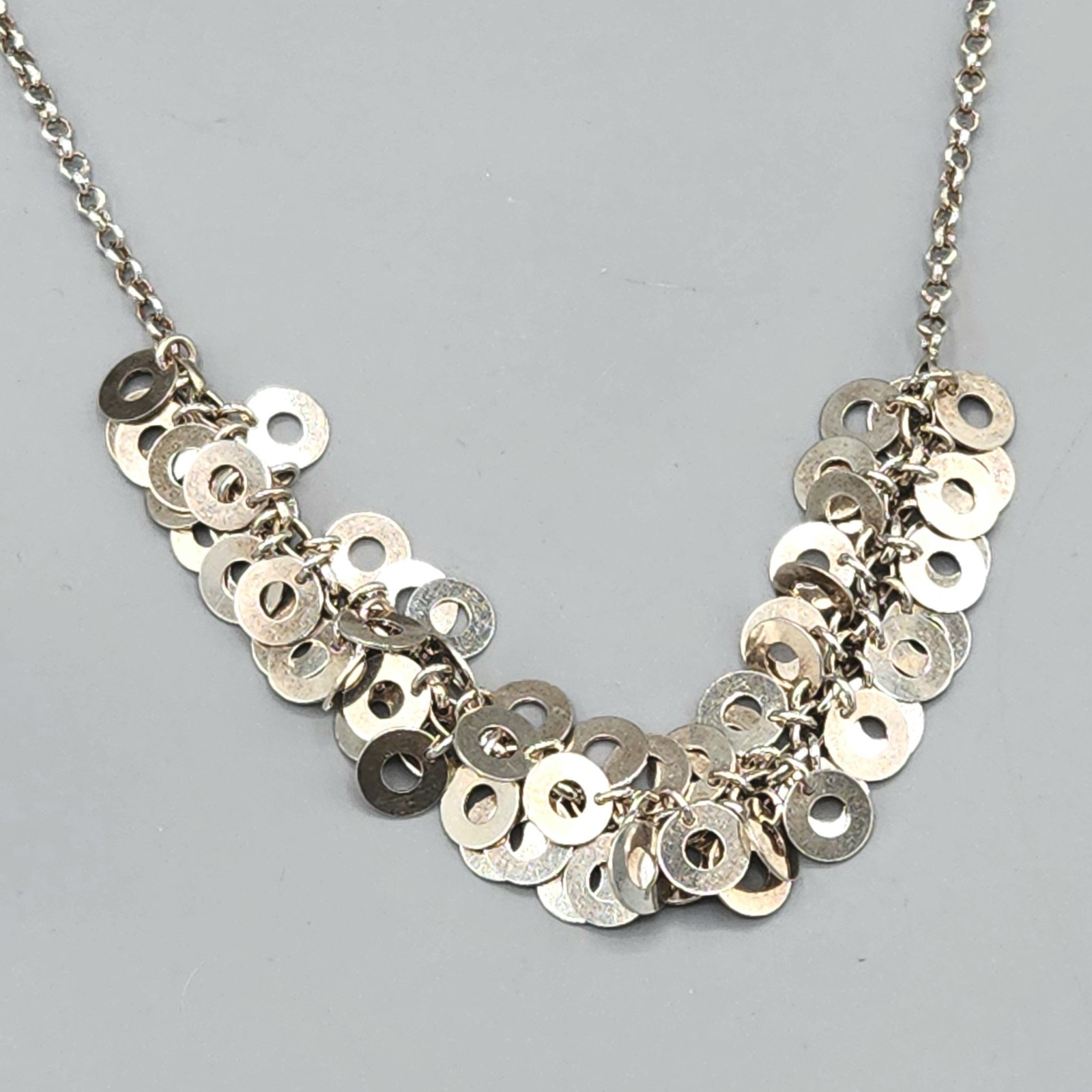 Solid Silver Sterling Disc Charm Dangle Fringe Chain Necklace 17″ 24.8g