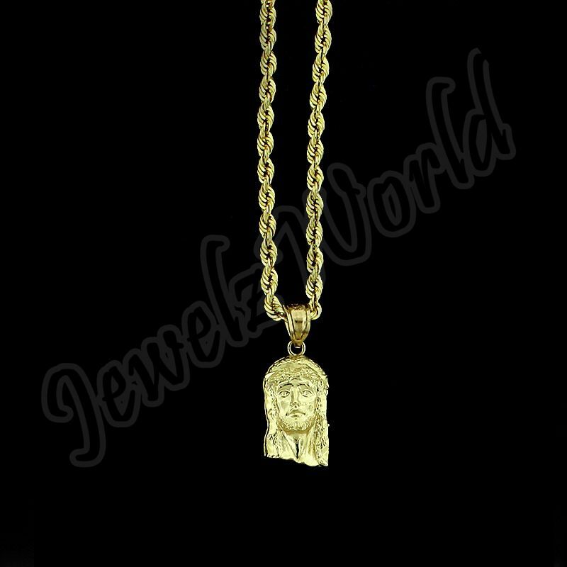 Real 10K Yellow Gold Small Jesus Face Head Charm Pendant With 2mm Rope Chain
