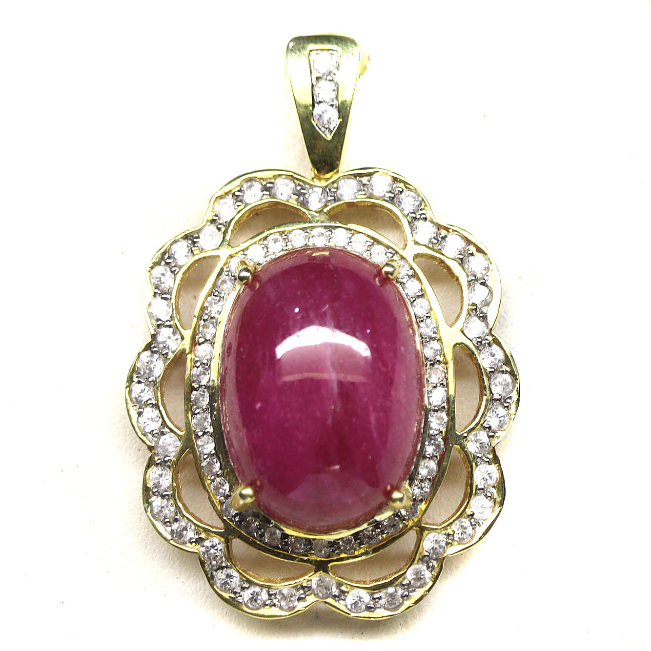 Gemstone Heated 17 x 24 mm. Red Ruby & White Zircon Pendant 925 Silver 18K Gold