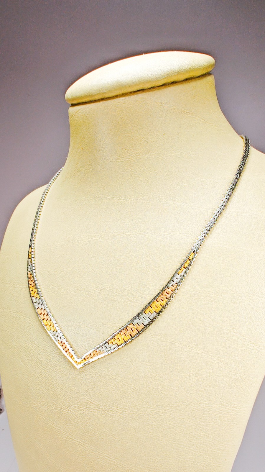 925 Italy Sterling Silver Tri Color Woven V Necklace 16″ Box Clasp 11.88g