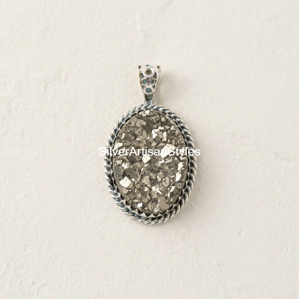 Natural Pyrite Druzy Gemstone Handmade 925 Sterling Silver Pendant For Gift/Love