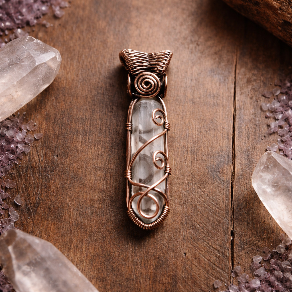 Handmade Clear Quartz Healing Crystal Necklace Copper Wire Wrapped Pendant