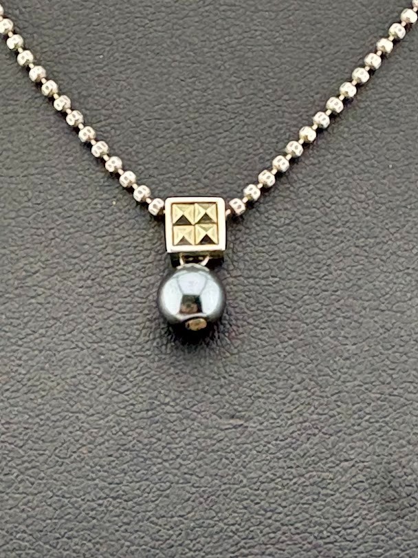 VINTAGE CAROLEE 925 STERLING SILVER BLACK PEARL MARCASITE NECKLACE 15″ JUNE 2766