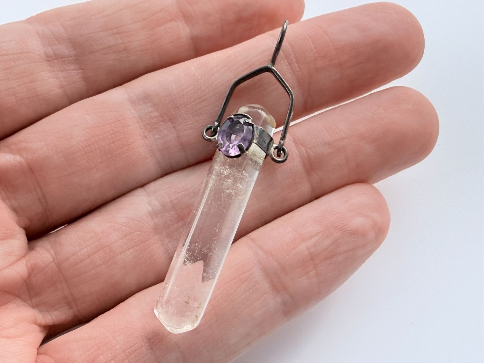 Sterling Silver Quartz Point with Amethyst Accent Pendant 5.4g 2 1/8 Inches