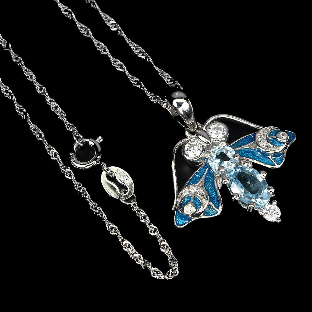 925 Sterling Silver Oval Blue Topaz 7x5mm Simulated Cz Bee Necklace